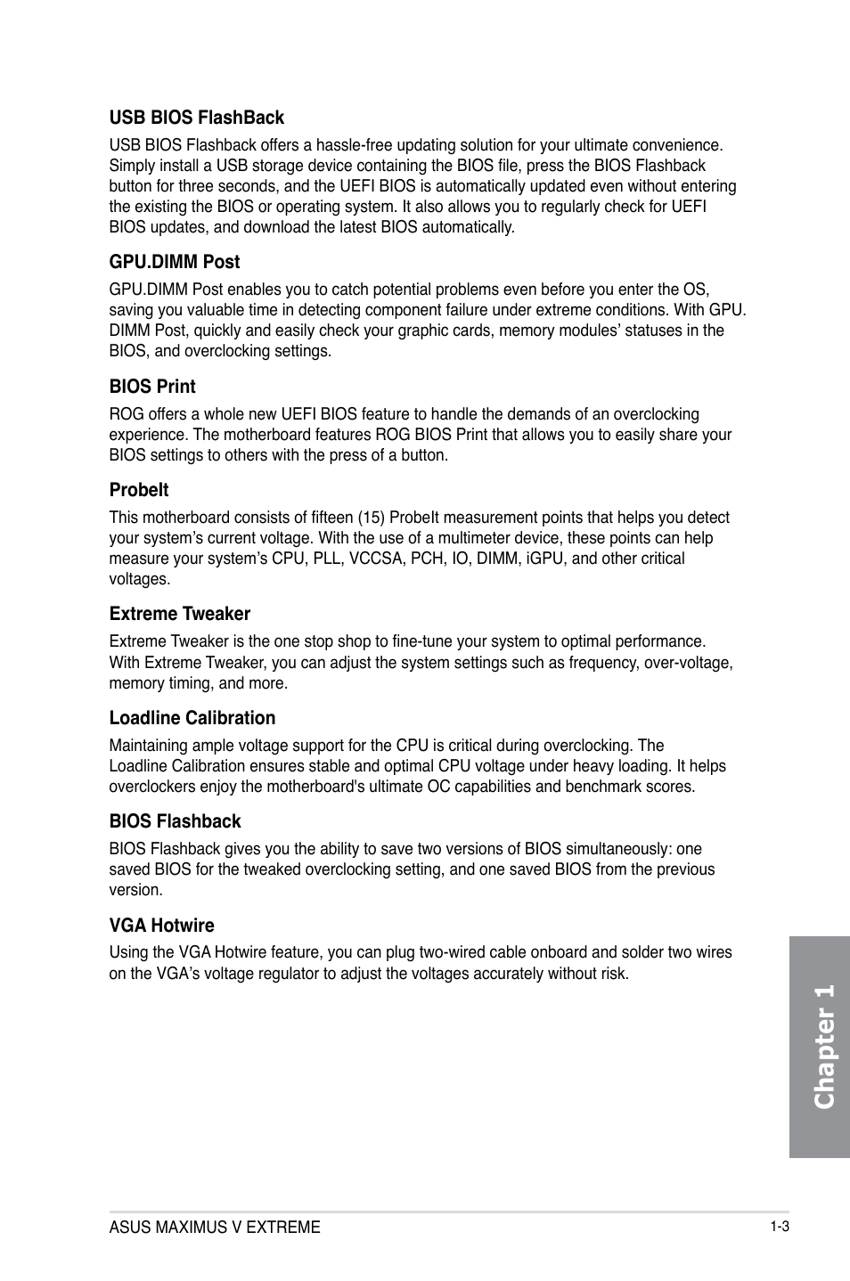 Chapter 1 | Asus MAXIMUS V E7627 User Manual | Page 19 / 246