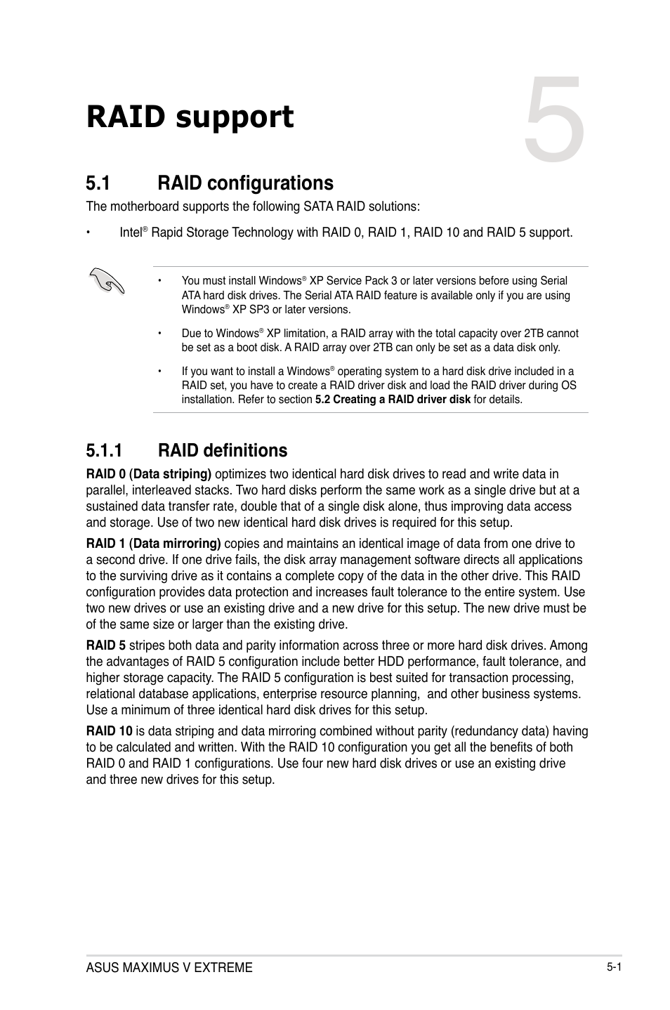 Chapter 5: raid support, 1 raid configurations, 1 raid definitions | Chapter 5, Raid support, Raid configurations -1 5.1.1, Raid definitions -1 | Asus MAXIMUS V E7627 User Manual | Page 199 / 246