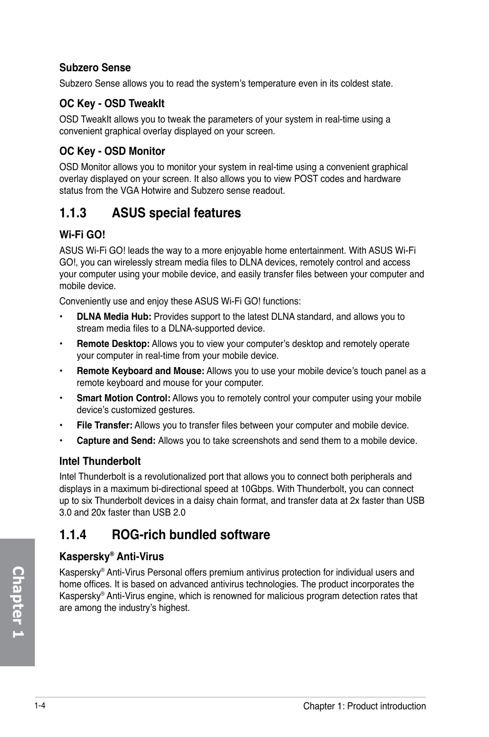 3 asus special features, 4 rog-rich bundled software, Asus special features -4 | Rog-rich bundled software -4, Chapter 1 | Asus MAXIMUS V E7627 User Manual | Page 20 / 246