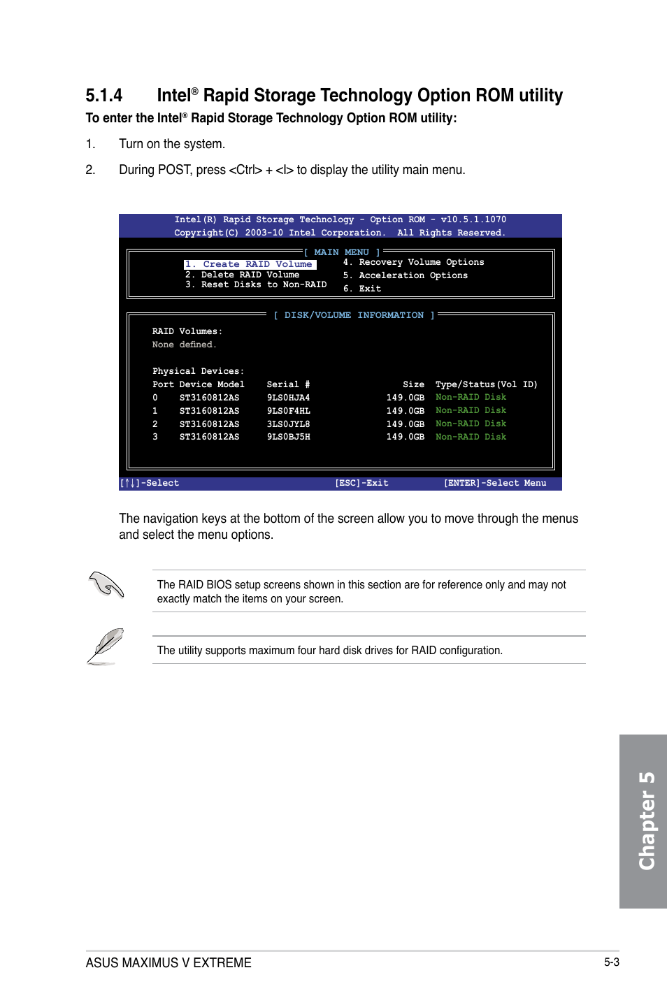 Intel, Rapid storage technology option rom utility -3, Chapter 5 | 4 intel, Rapid storage technology option rom utility | Asus MAXIMUS V E7627 User Manual | Page 201 / 246