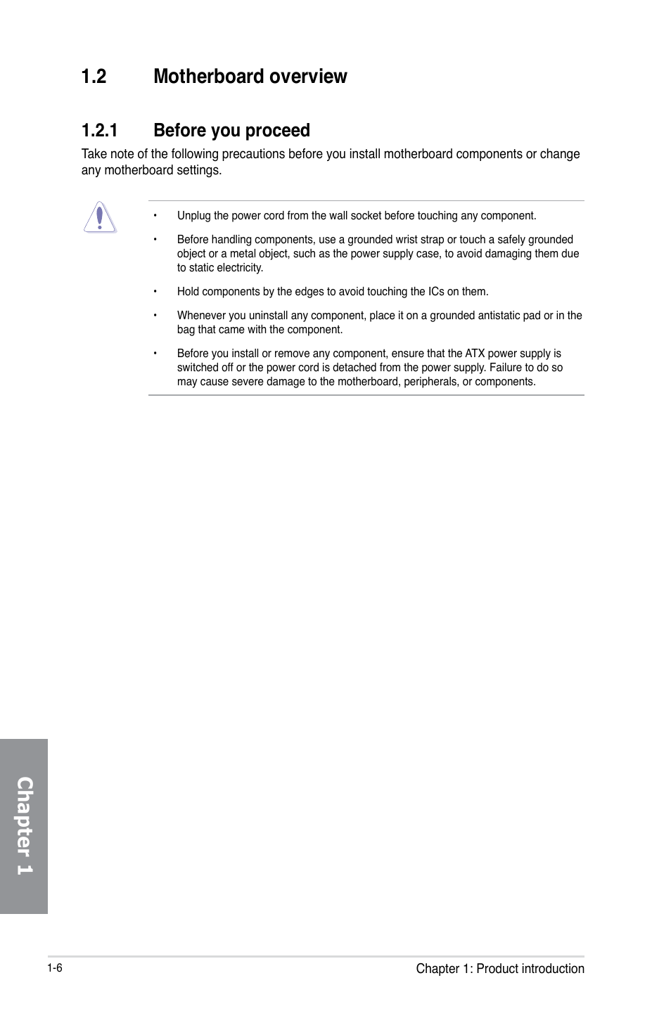 2 motherboard overview, 1 before you proceed, Motherboard overview -6 1.2.1 | Before you proceed -6, Chapter 1 1.2 motherboard overview | Asus MAXIMUS V E7627 User Manual | Page 22 / 246