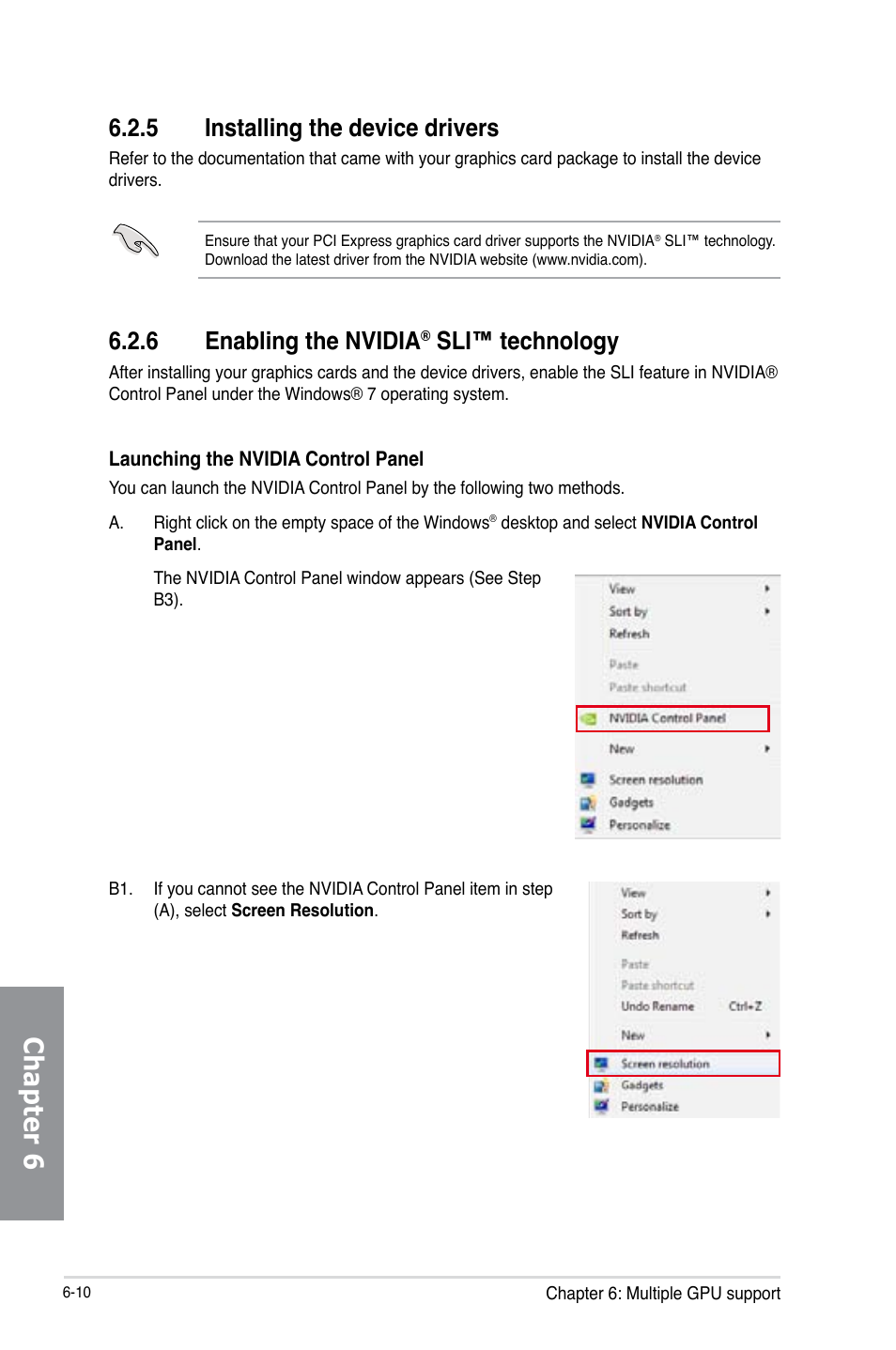 5 installing the device drivers, 6 enabling the nvidia® sli™ technology, Installing the device drivers -10 | Enabling the nvidia, Sli™ technology -10, Chapter 6, 6 enabling the nvidia, Sli™ technology | Asus MAXIMUS V E7627 User Manual | Page 220 / 246