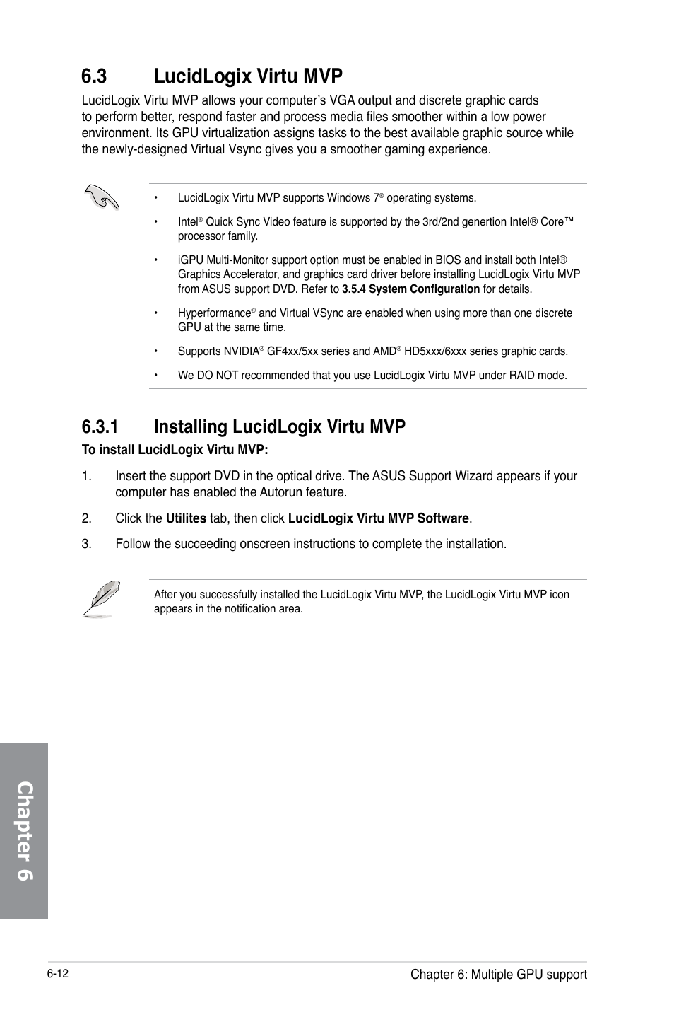 3 lucidlogix virtu mvp, 1 installing lucidlogix virtu mvp, Lucidlogix virtu mvp -12 6.3.1 | Installing lucidlogix virtu mvp -12, Chapter 6 6.3 lucidlogix virtu mvp | Asus MAXIMUS V E7627 User Manual | Page 222 / 246