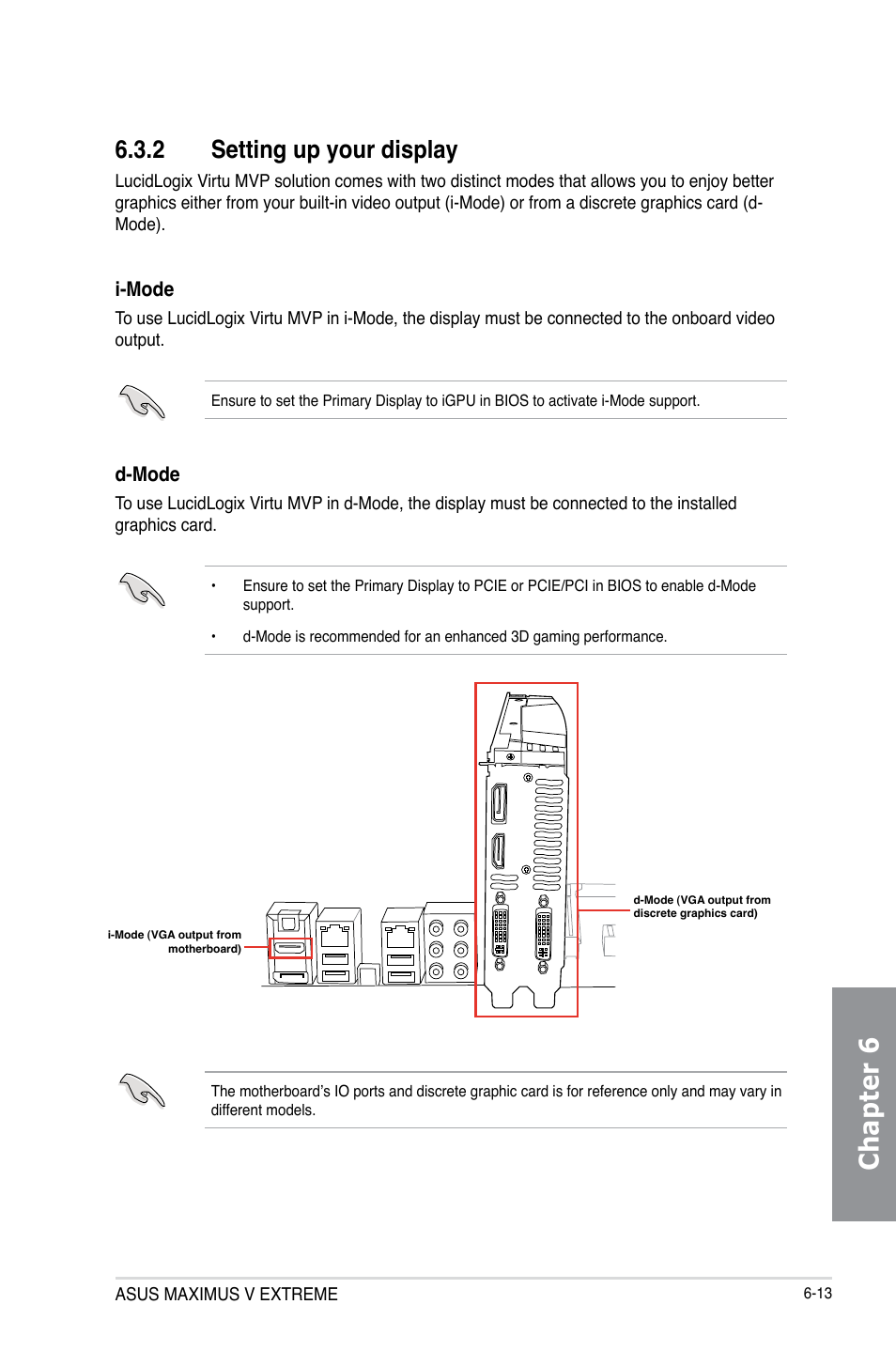 2 setting up your display, Setting up your display -13, Chapter 6 | Asus MAXIMUS V E7627 User Manual | Page 223 / 246