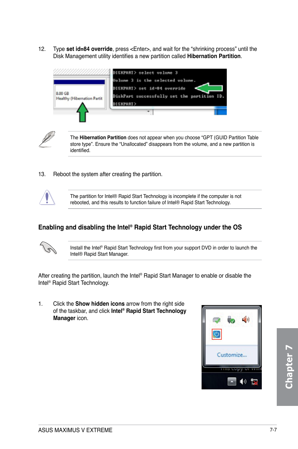 Chapter 7, Enabling and disabling the intel, Rapid start technology under the os | Asus MAXIMUS V E7627 User Manual | Page 233 / 246