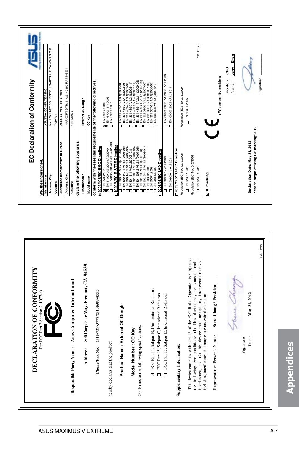 Appendices, Declaration of conformity, Asus maximus v extreme | Ec declaration of conformity, As us c om pu te r i nt er na tio na l | Asus MAXIMUS V E7627 User Manual | Page 245 / 246