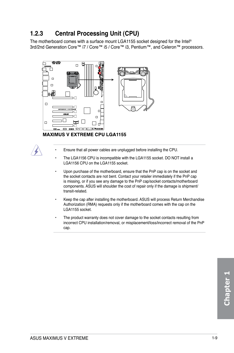 3 central processing unit (cpu), Central processing unit (cpu) -9, Chapter 1 | Asus MAXIMUS V E7627 User Manual | Page 25 / 246