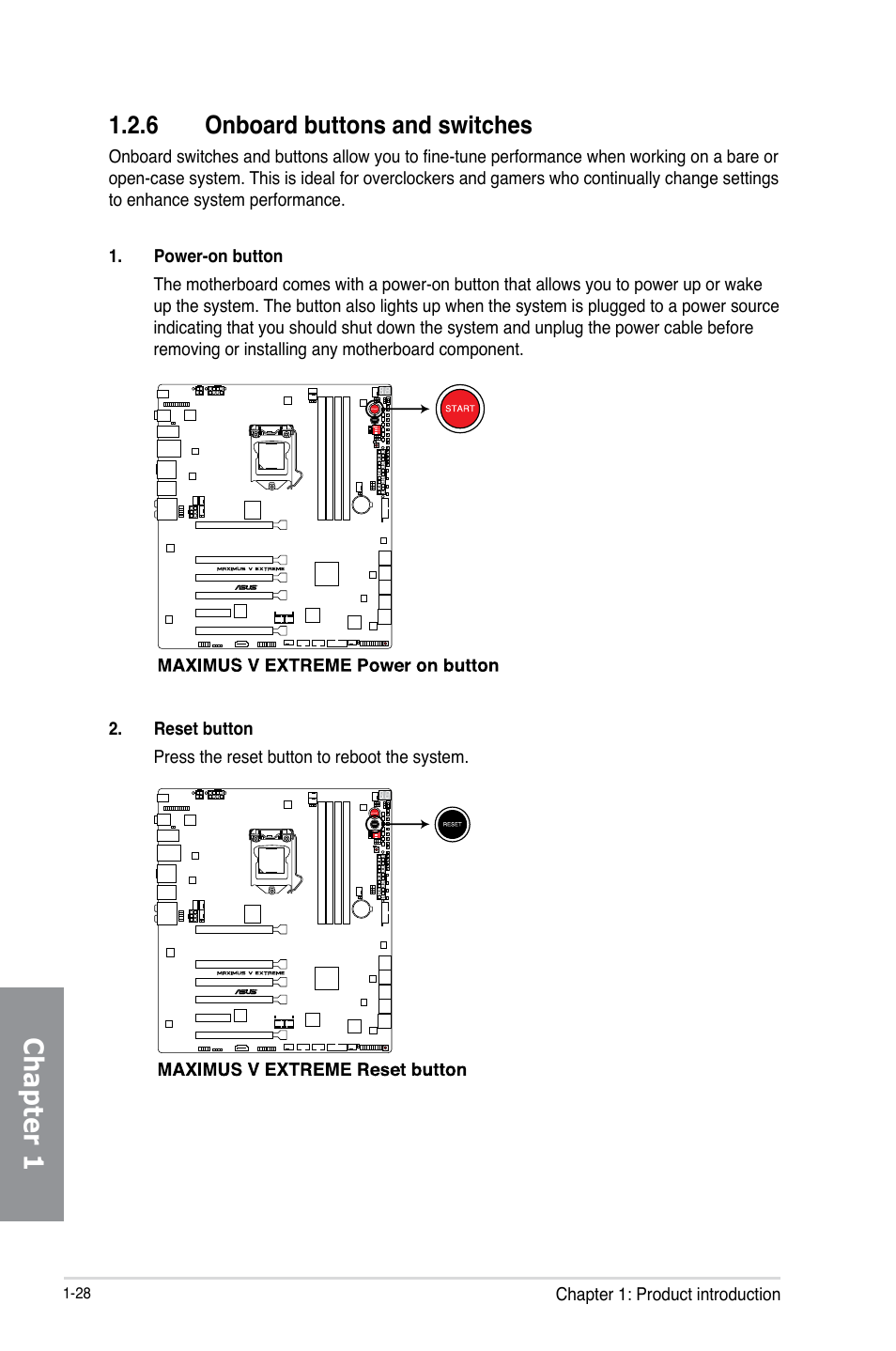 6 onboard buttons and switches, Onboard buttons and switches -28, Chapter 1 | Asus MAXIMUS V E7627 User Manual | Page 44 / 246