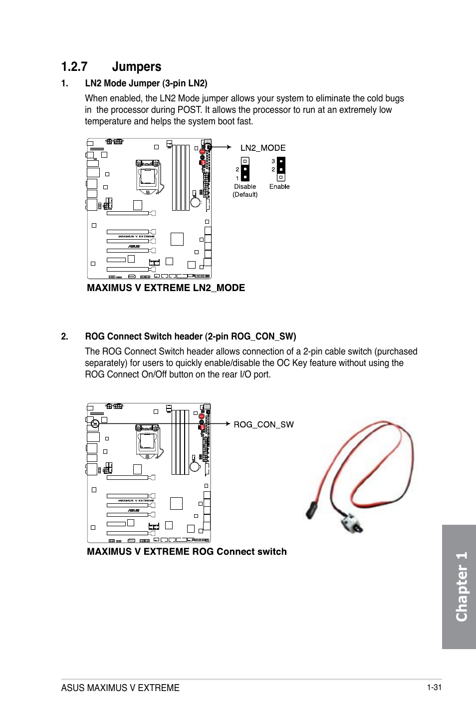 7 jumpers, Jumpers -31, Chapter 1 | Asus MAXIMUS V E7627 User Manual | Page 47 / 246