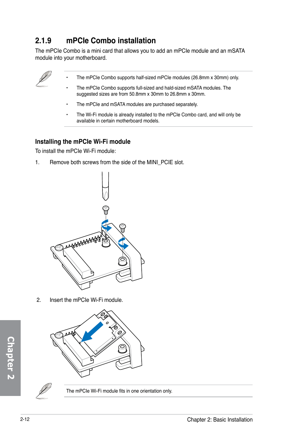 9 mpcie combo installation, Mpcie combo installation -12, Chapter 2 | Asus MAXIMUS V E7627 User Manual | Page 80 / 246