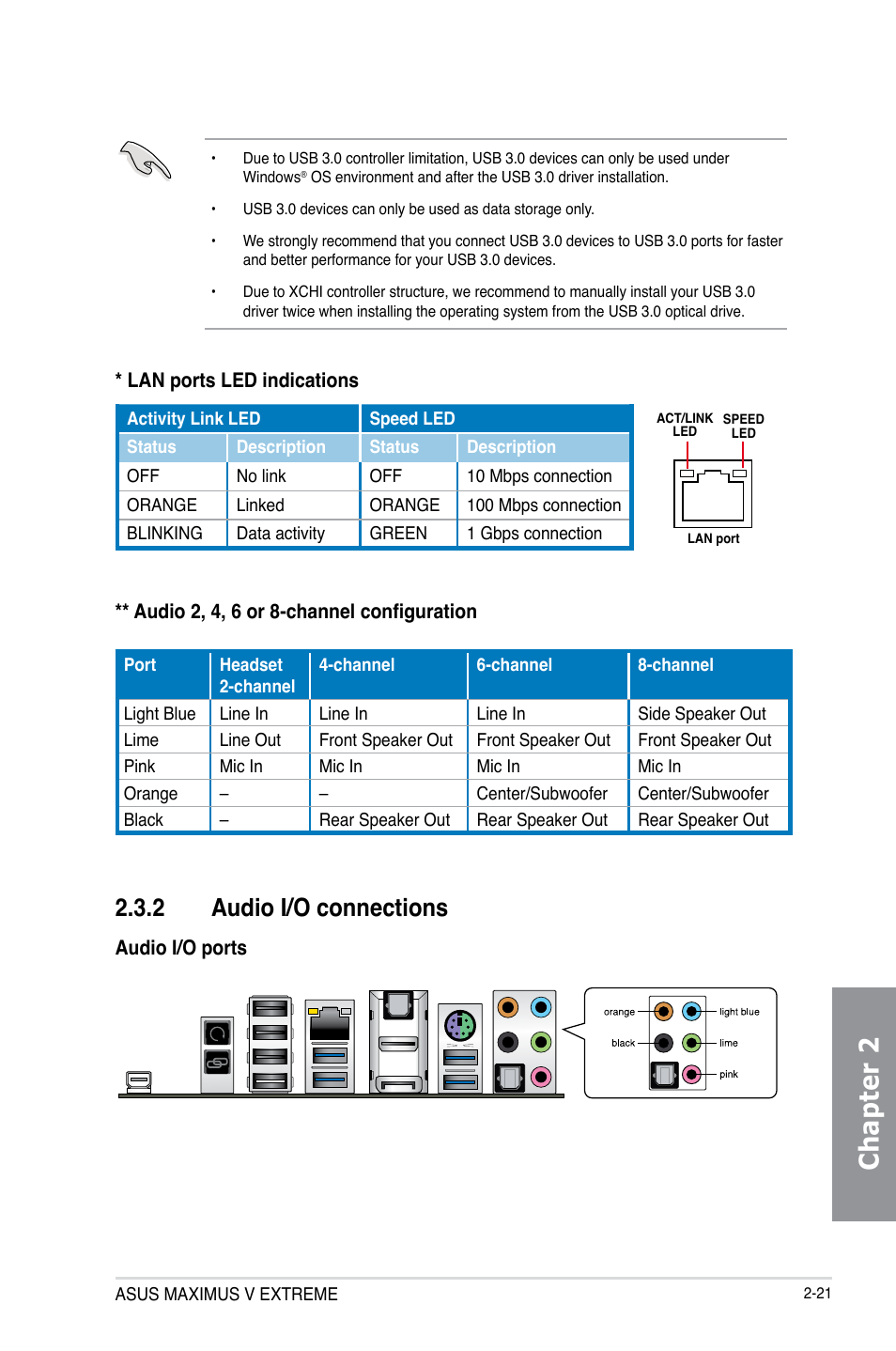 2 audio i/o connections, Audio i/o connections -21, Chapter 2 | Asus MAXIMUS V E7627 User Manual | Page 89 / 246