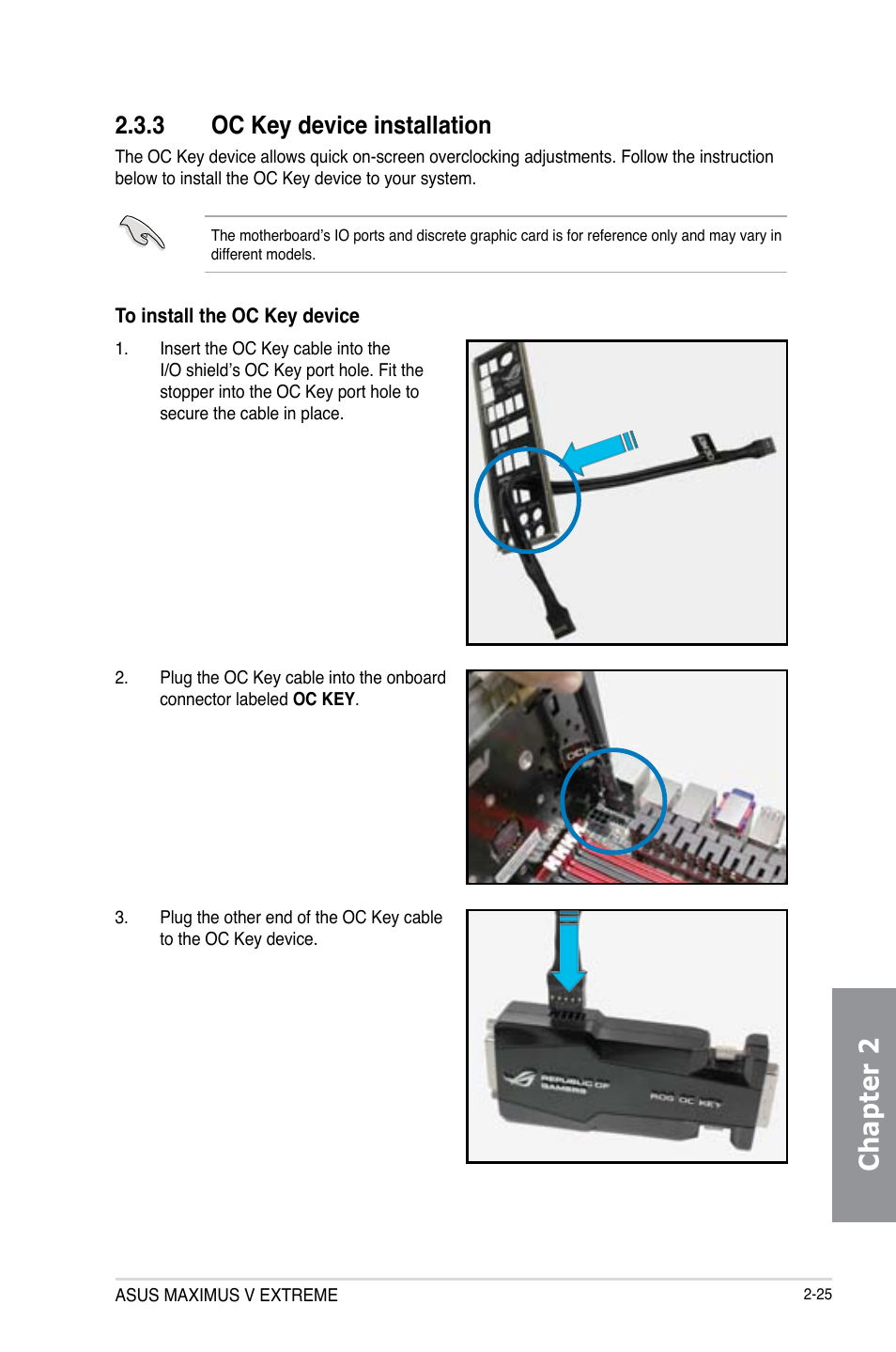 3 oc key device installation, Oc key device installation -25, Chapter 2 | Asus MAXIMUS V E7627 User Manual | Page 93 / 246