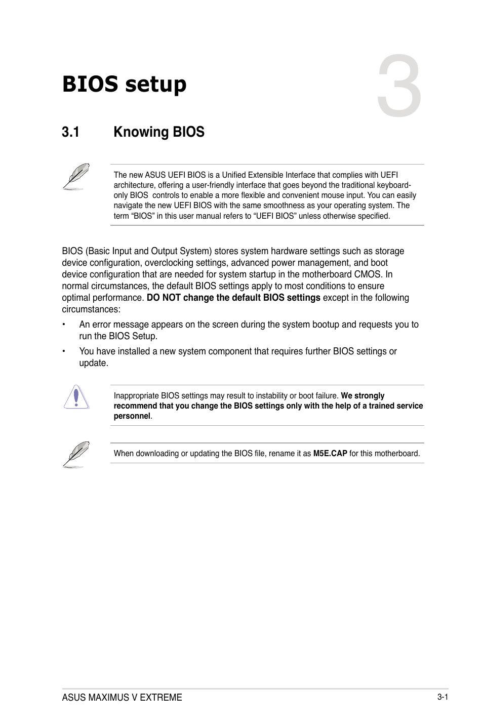 Chapter 3: bios setup, 1 knowing bios, Chapter 3 | Bios setup, Knowing bios -1 | Asus MAXIMUS V E7627 User Manual | Page 97 / 246