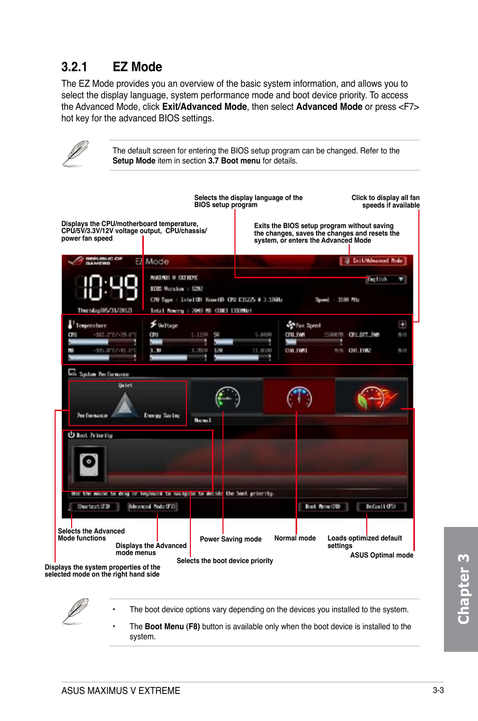 1 ez mode, Ez mode -3, Chapter 3 | Asus MAXIMUS V E7627 User Manual | Page 99 / 246