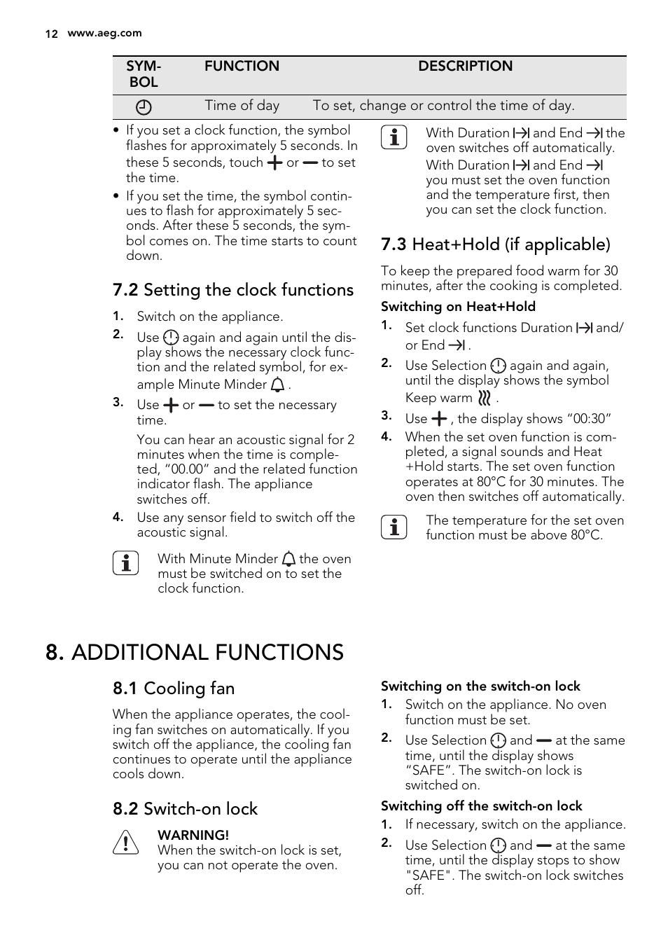Additional functions, 2 setting the clock functions, 3 heat+hold (if applicable) | 1 cooling fan, 2 switch-on lock | AEG DE4003000M User Manual | Page 12 / 36