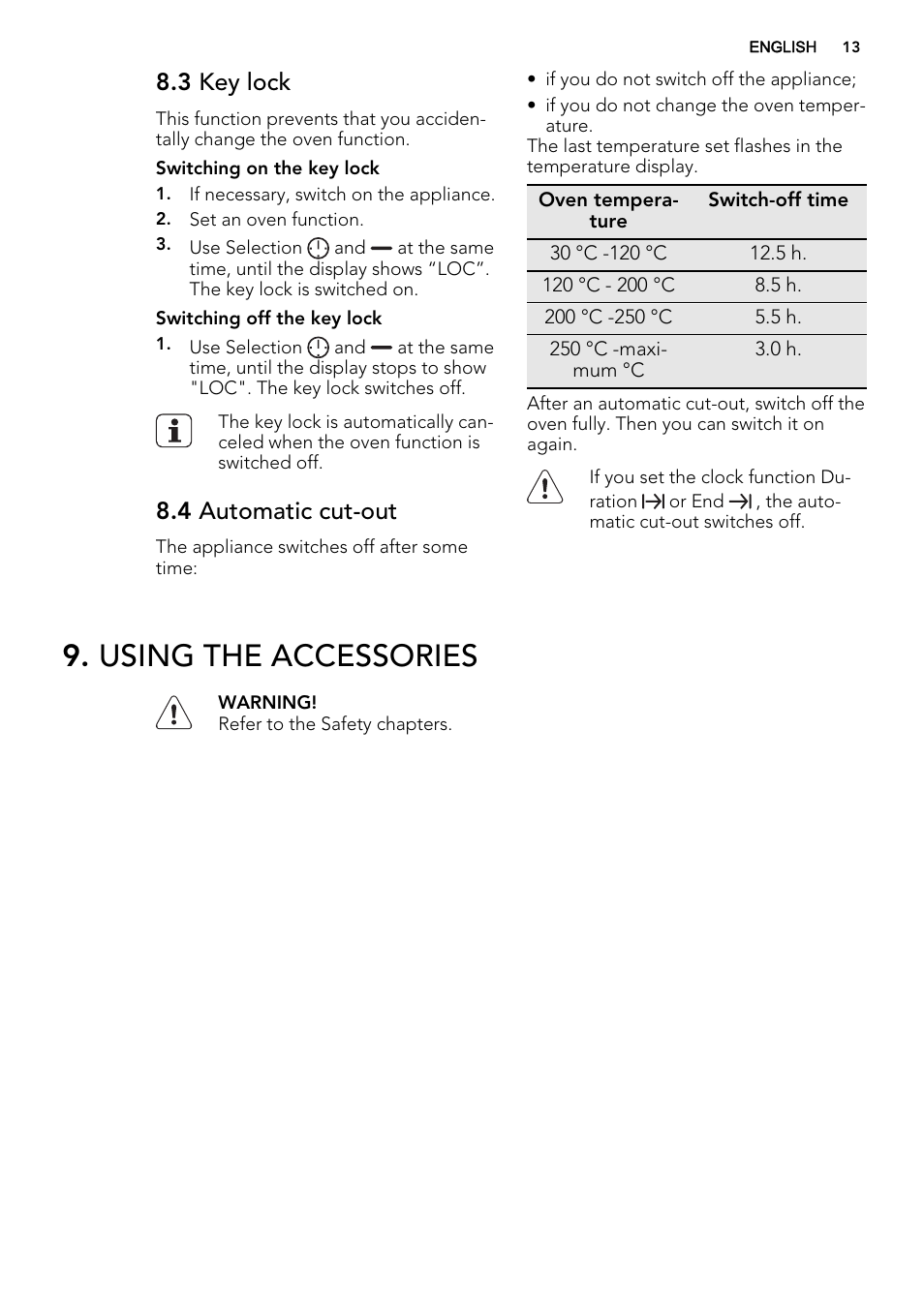 Using the accessories, 3 key lock, 4 automatic cut-out | AEG DE4003000M User Manual | Page 13 / 36