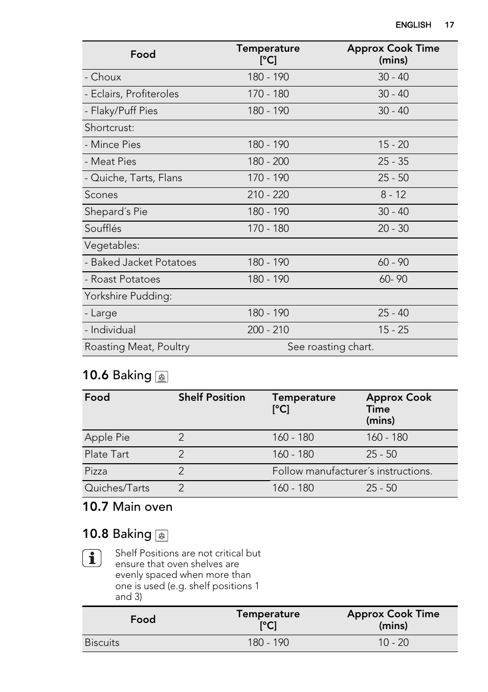 6 baking, 7 main oven 10.8 baking | AEG DE4003000M User Manual | Page 17 / 36