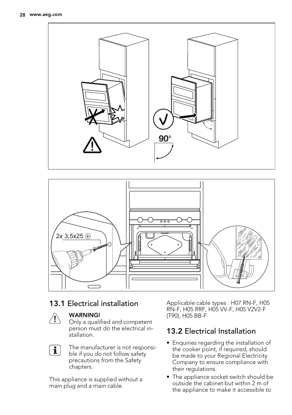 1 electrical installation, 2 electrical installation | AEG DE4003000M User Manual | Page 28 / 36