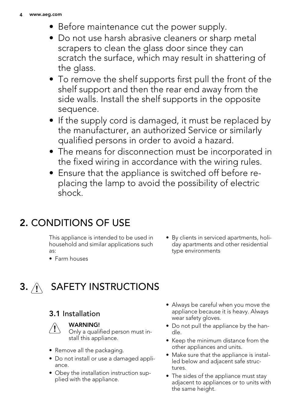 Conditions of use, Safety instructions | AEG DE4003000M User Manual | Page 4 / 36