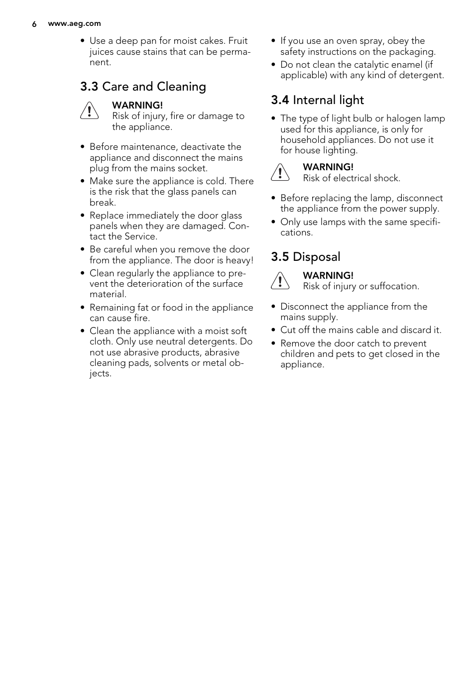 3 care and cleaning, 4 internal light, 5 disposal | AEG DE4003000M User Manual | Page 6 / 36