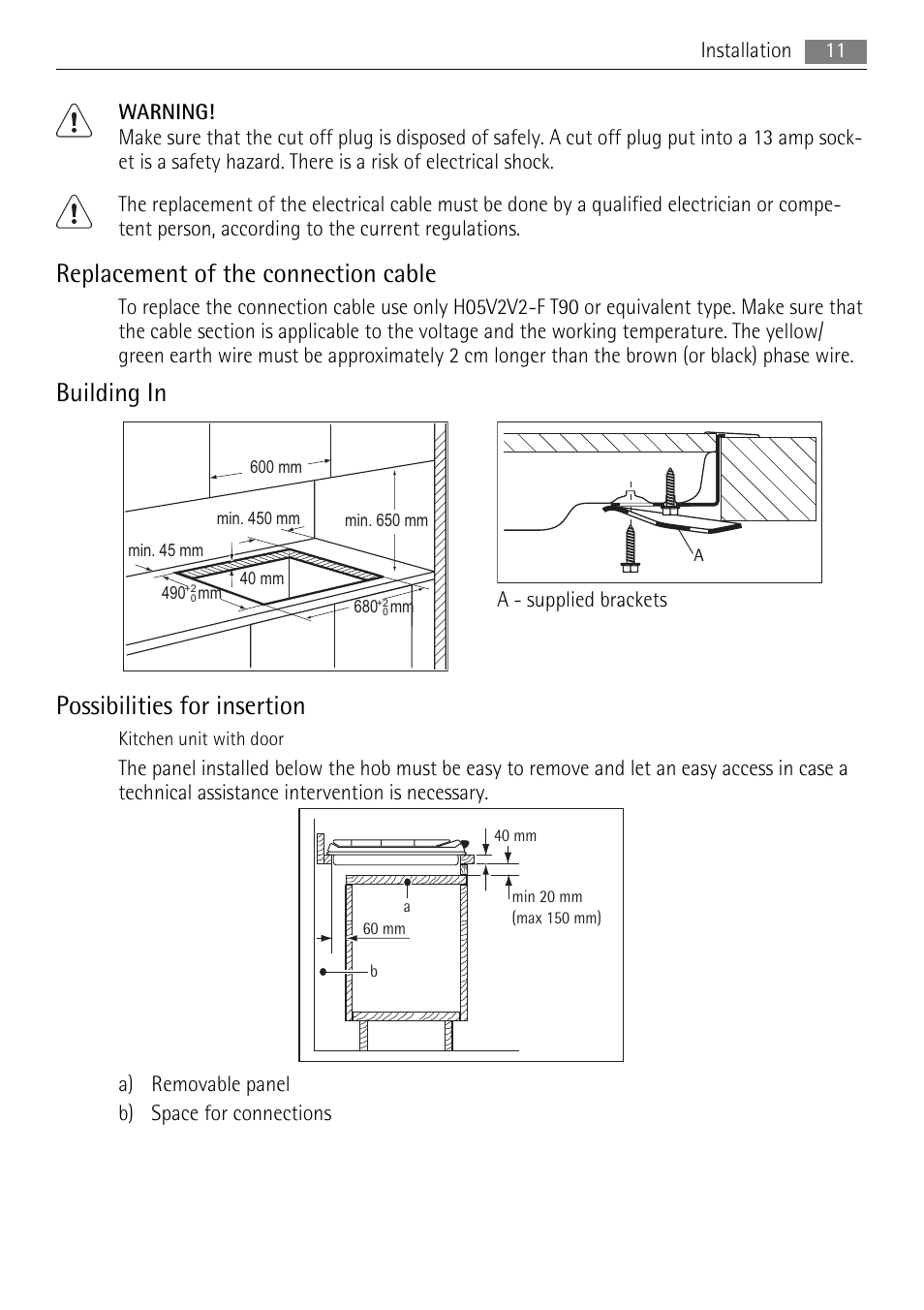 Replacement of the connection cable, Building in, Possibilities for insertion | AEG HG956440SM User Manual | Page 11 / 24
