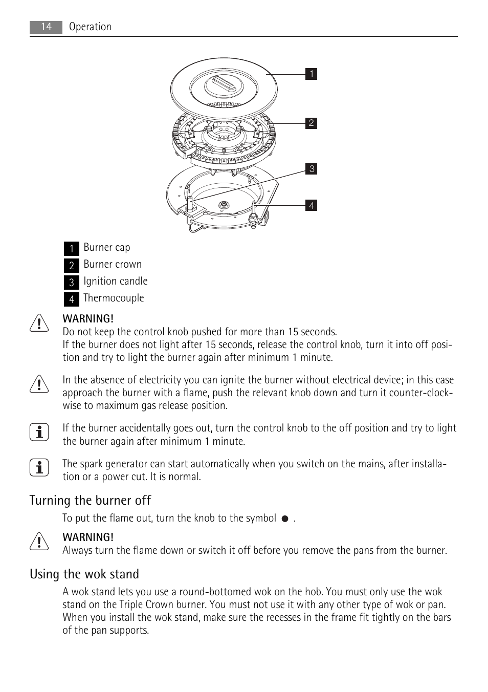 Turning the burner off, Using the wok stand | AEG HG956440SM User Manual | Page 14 / 24