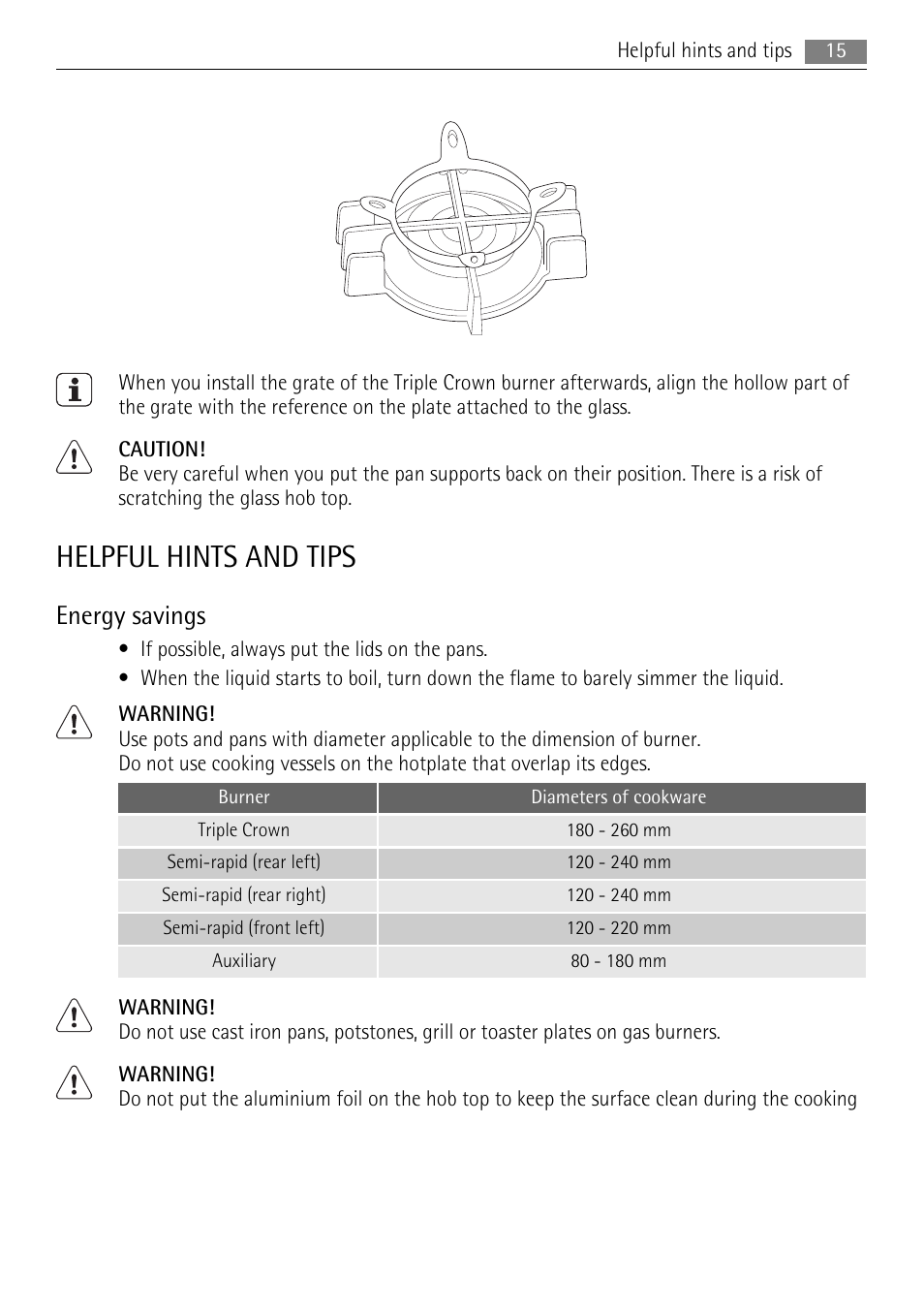Helpful hints and tips, Energy savings | AEG HG956440SM User Manual | Page 15 / 24