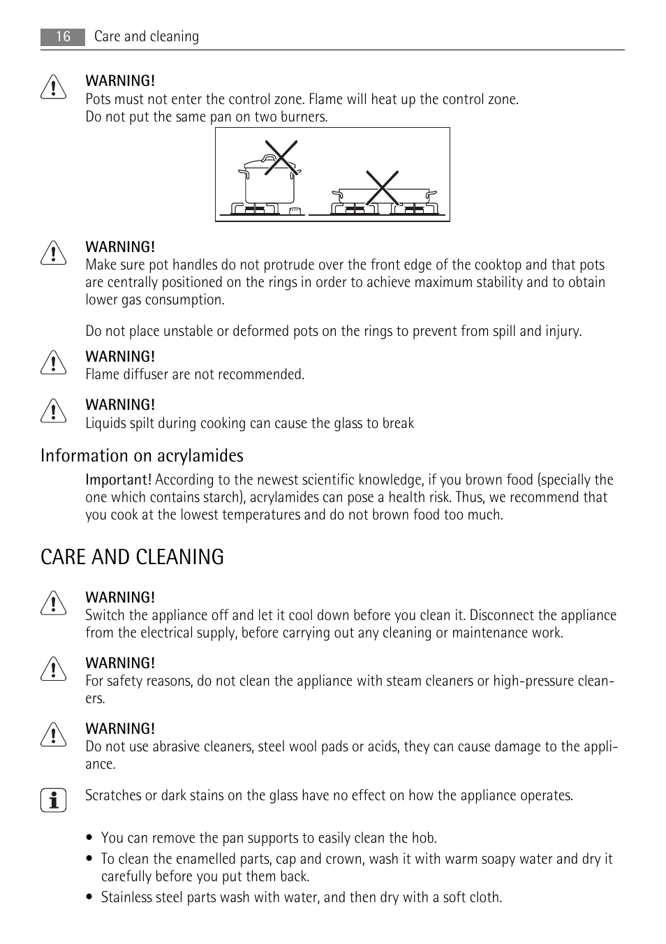 Care and cleaning, Information on acrylamides | AEG HG956440SM User Manual | Page 16 / 24