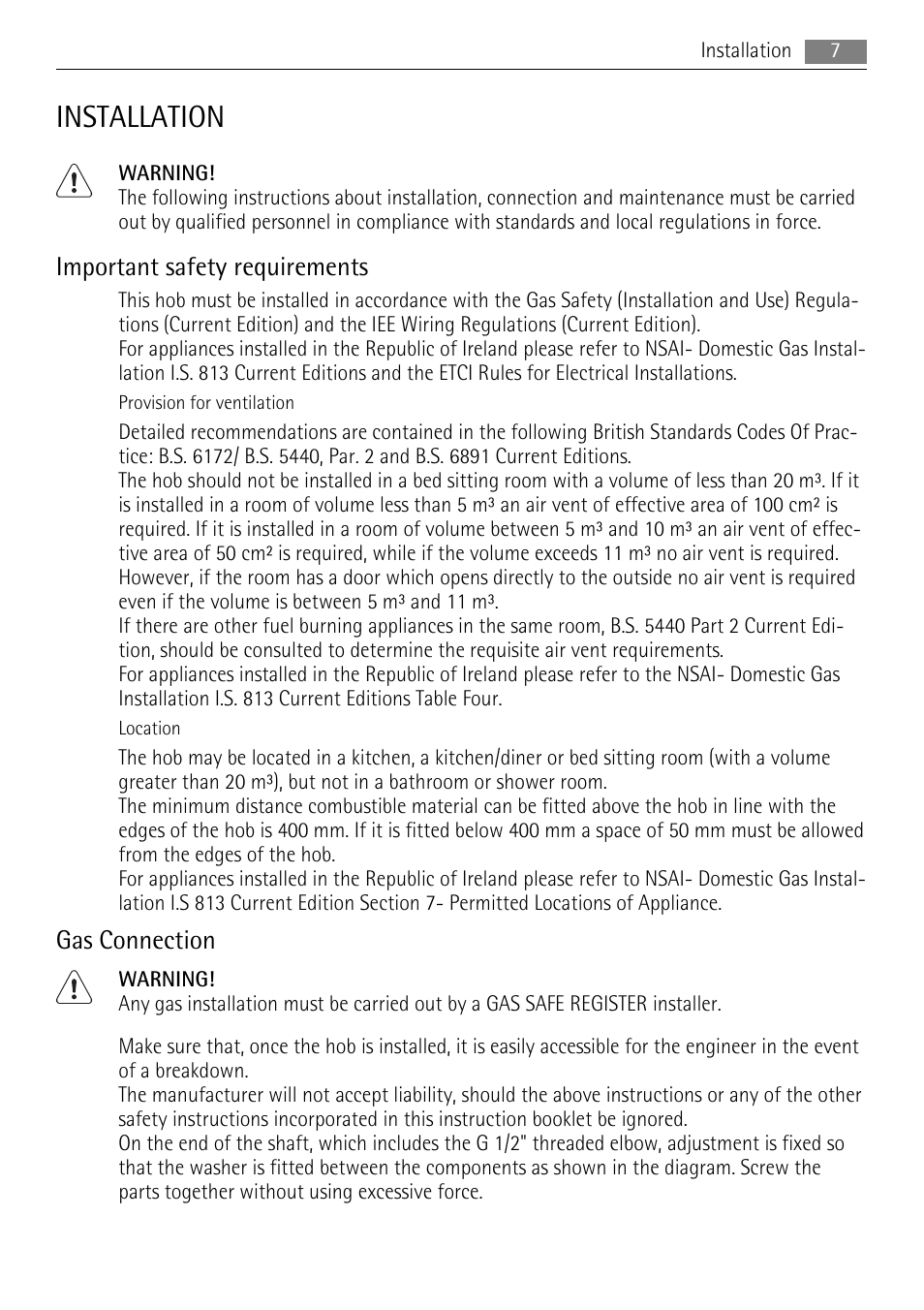 Installation, Important safety requirements, Gas connection | AEG HG956440SM User Manual | Page 7 / 24