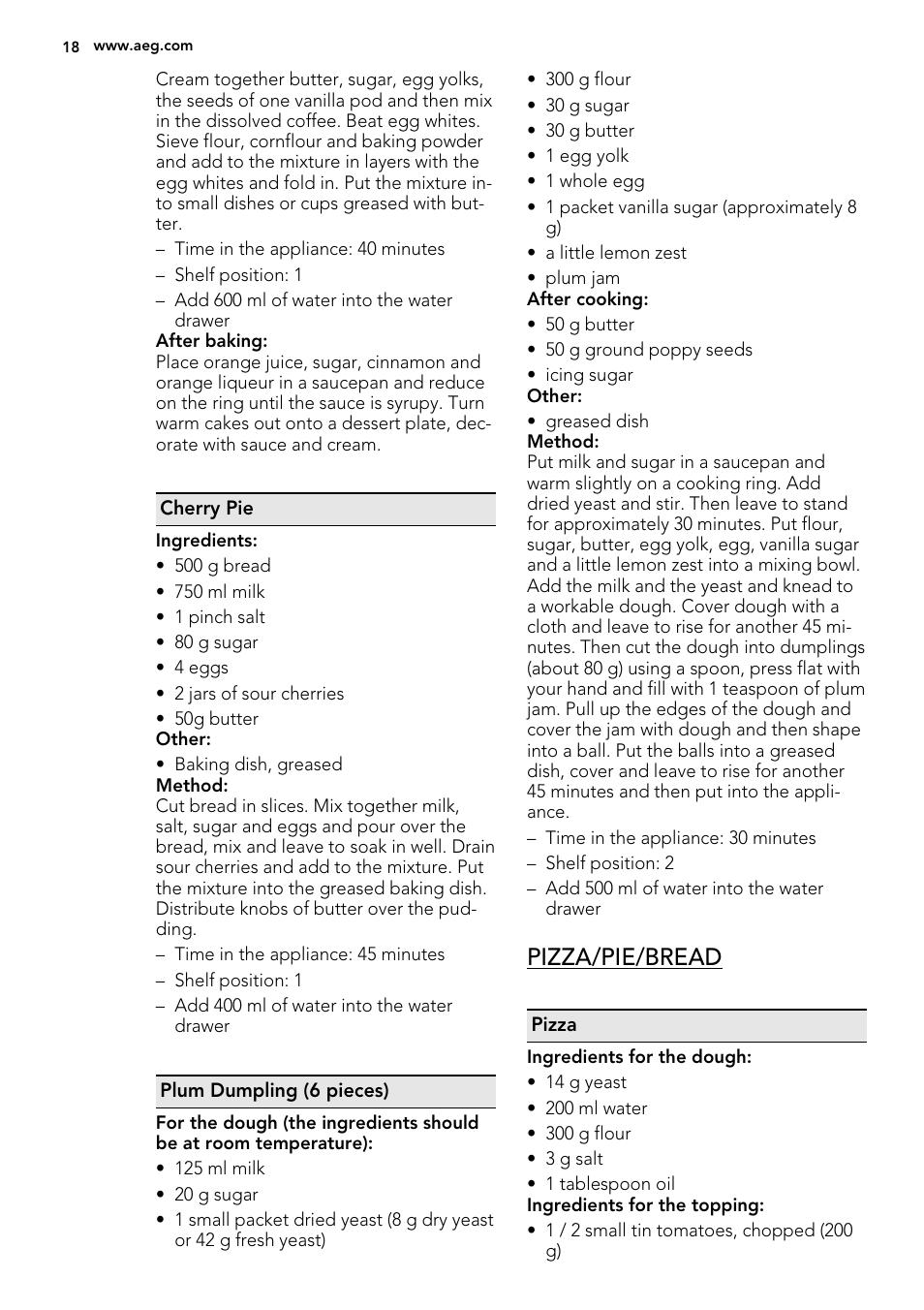 Pizza/pie/bread | AEG KS8100001M User Manual | Page 18 / 28