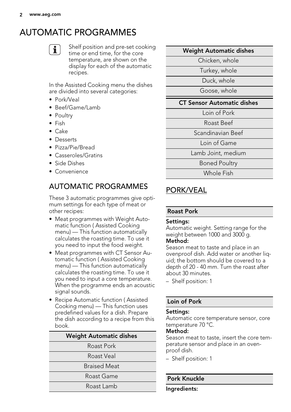 Automatic programmes, Pork/veal | AEG KS8100001M User Manual | Page 2 / 28