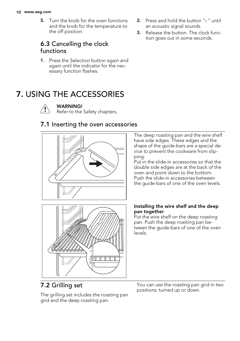 Using the accessories, 3 cancelling the clock functions, 1 inserting the oven accessories | 2 grilling set | AEG NC4003000M User Manual | Page 10 / 28
