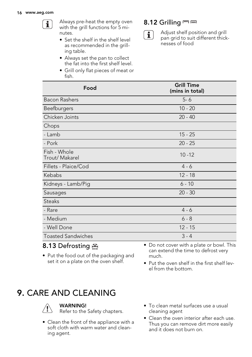 Care and cleaning, 12 grilling, 13 defrosting | AEG NC4003000M User Manual | Page 16 / 28