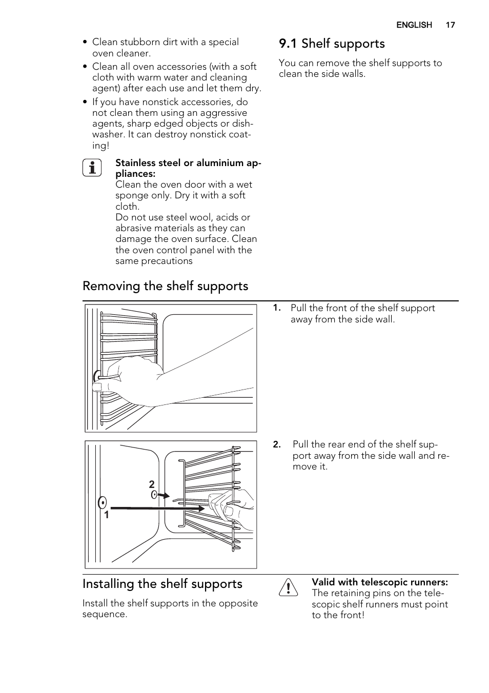 1 shelf supports, Removing the shelf supports, Installing the shelf supports | AEG NC4003000M User Manual | Page 17 / 28
