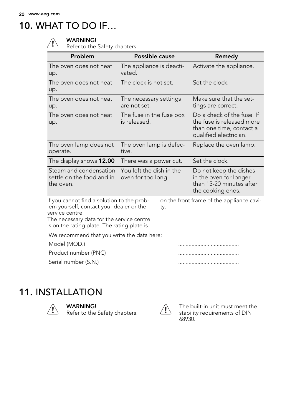 What to do if, Installation | AEG NC4003000M User Manual | Page 20 / 28