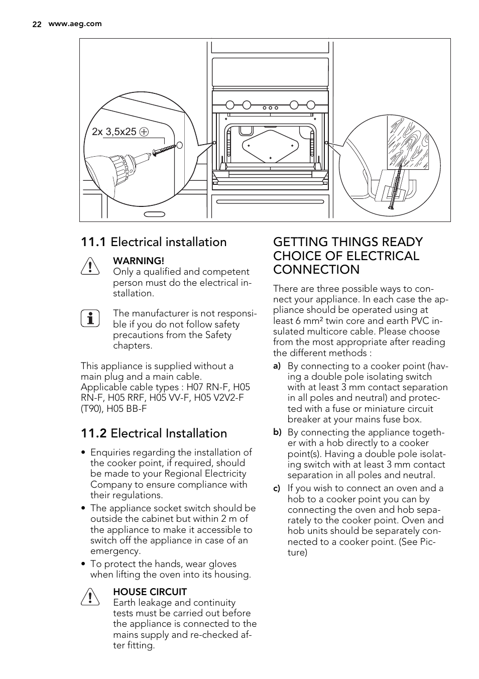 1 electrical installation, 2 electrical installation | AEG NC4003000M User Manual | Page 22 / 28