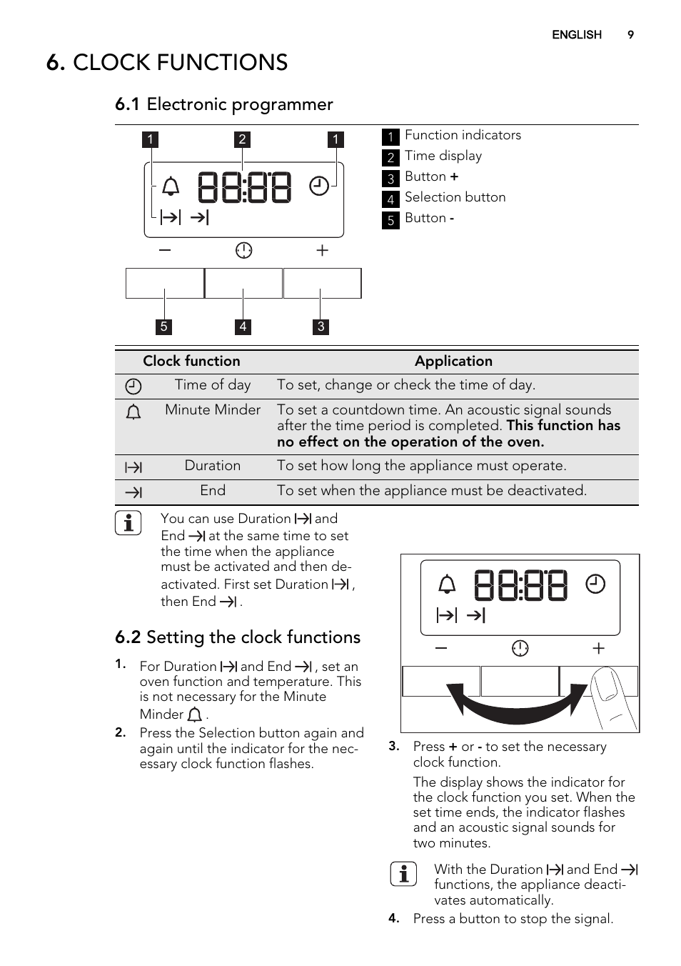 Clock functions, 1 electronic programmer, 2 setting the clock functions | AEG NC4003000M User Manual | Page 9 / 28