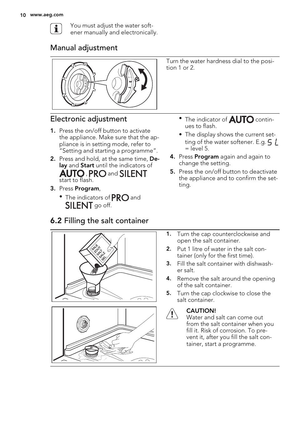 Manual adjustment, Electronic adjustment, 2 filling the salt container | AEG F99009M0P User Manual | Page 10 / 20