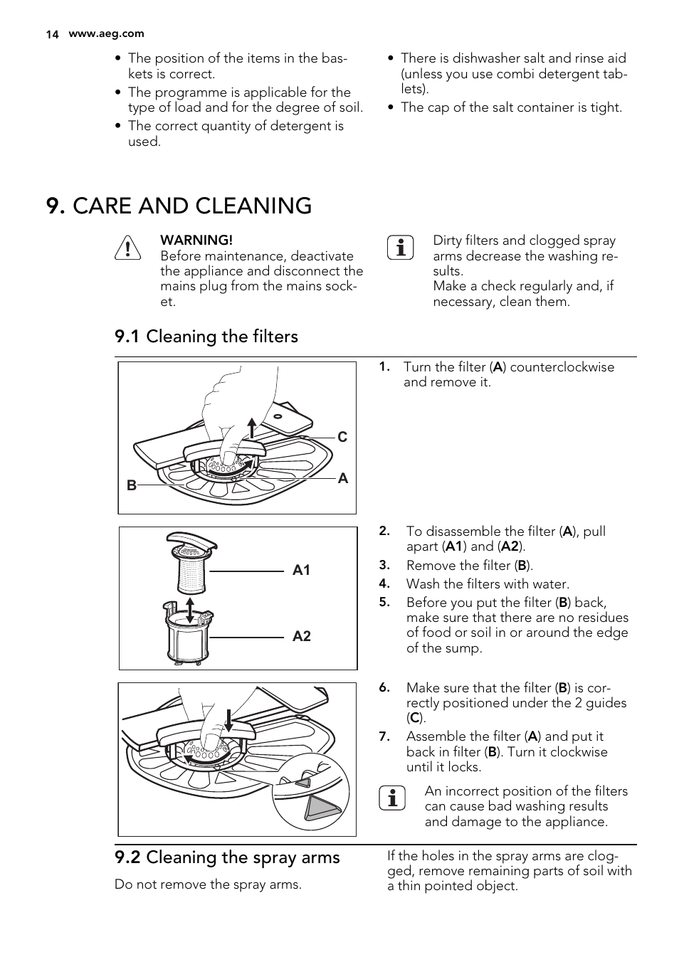 Care and cleaning, 1 cleaning the filters, 2 cleaning the spray arms | AEG F99009M0P User Manual | Page 14 / 20
