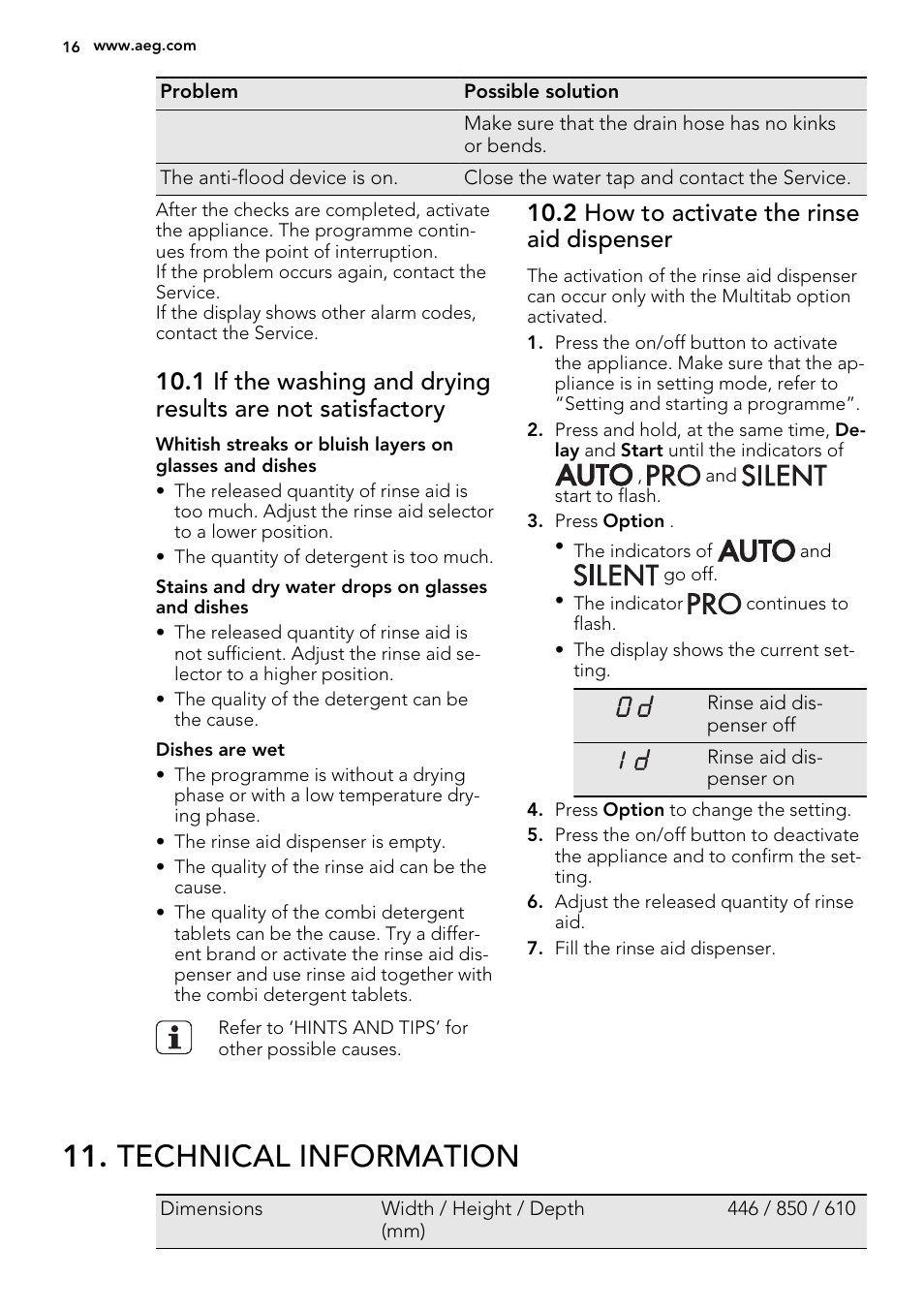 Technical information, 2 how to activate the rinse aid dispenser | AEG F99009M0P User Manual | Page 16 / 20