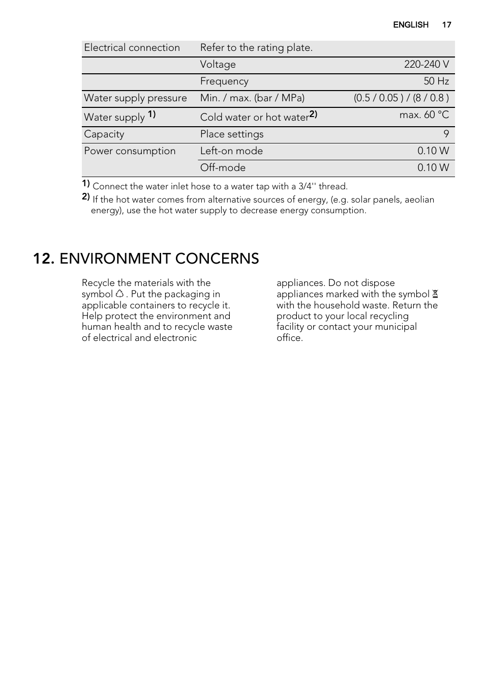 Environment concerns | AEG F99009M0P User Manual | Page 17 / 20