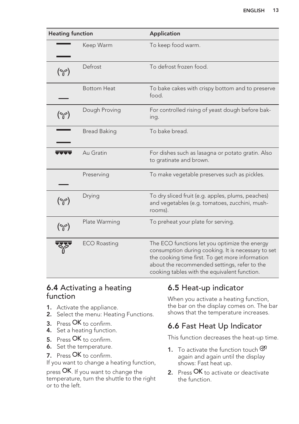 4 activating a heating function, 5 heat-up indicator, 6 fast heat up indicator | AEG DC7003000M User Manual | Page 13 / 48