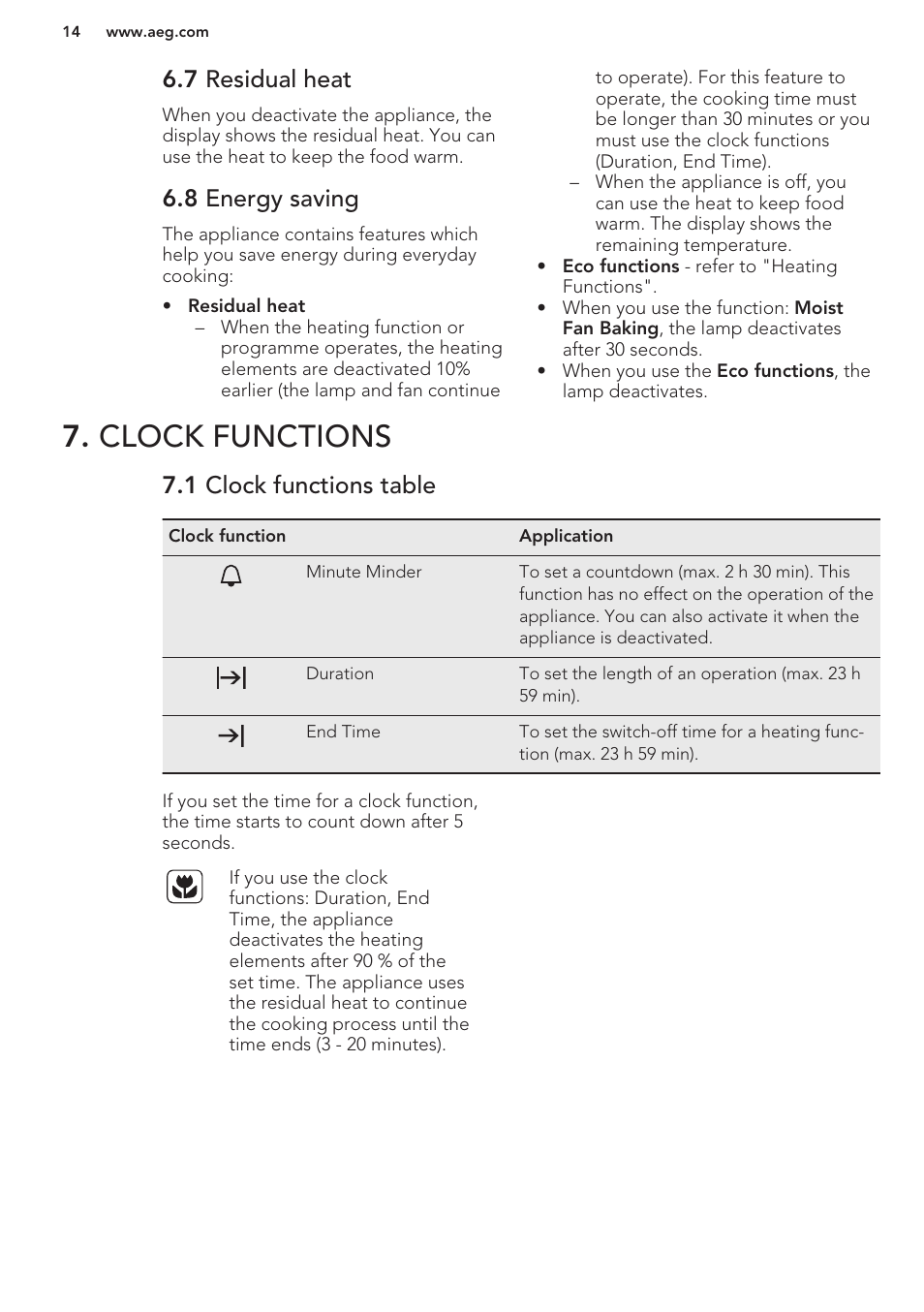 7 residual heat, 8 energy saving, Clock functions | 1 clock functions table | AEG DC7003000M User Manual | Page 14 / 48