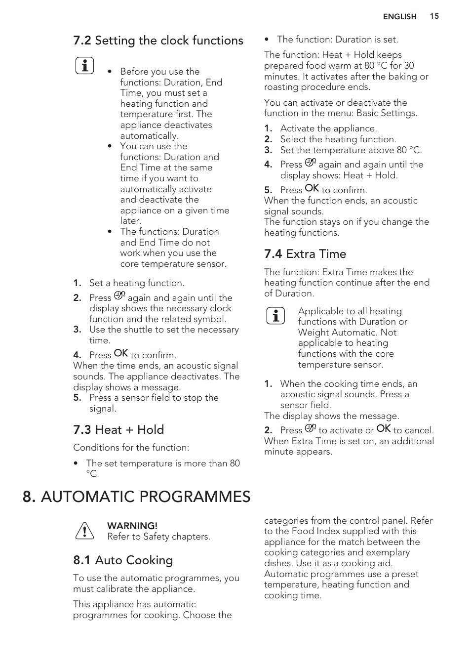2 setting the clock functions, 3 heat + hold, 4 extra time | Automatic programmes, 1 auto cooking | AEG DC7003000M User Manual | Page 15 / 48