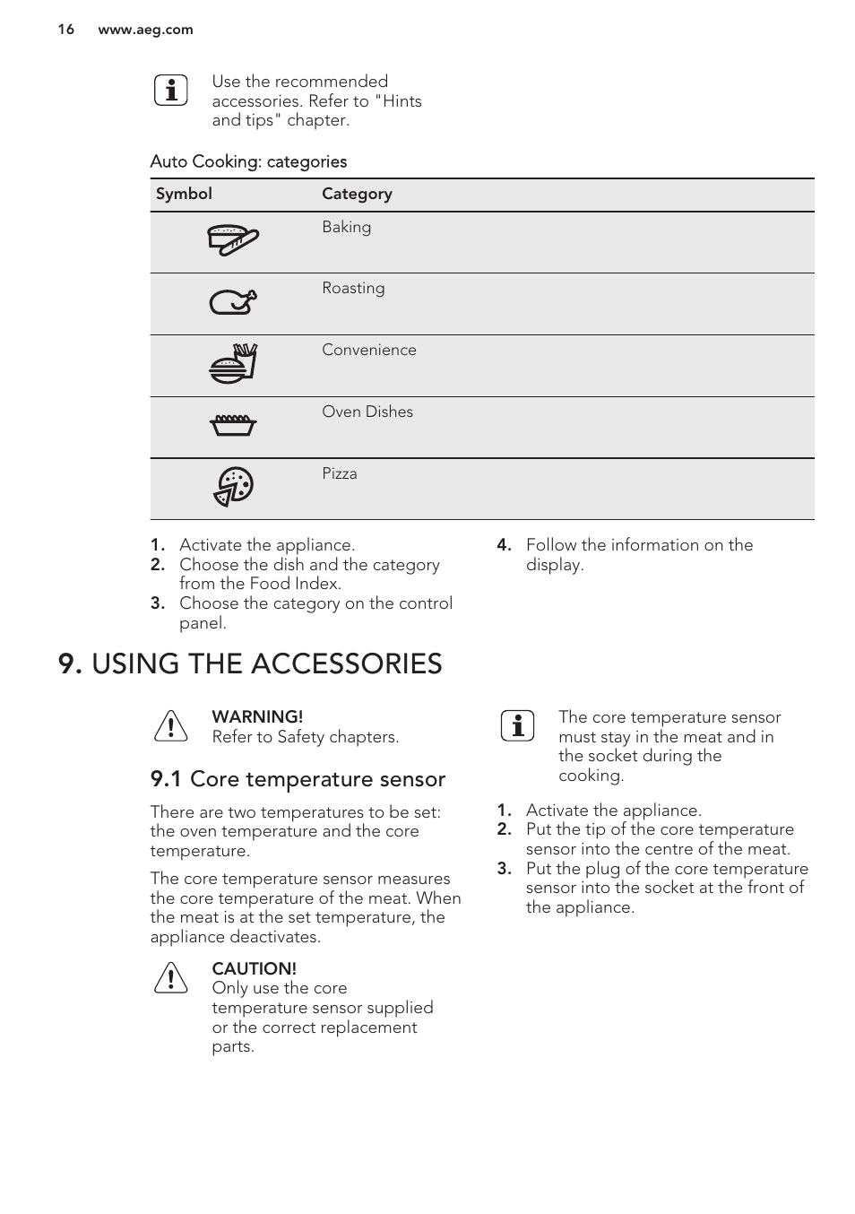 Using the accessories, 1 core temperature sensor | AEG DC7003000M User Manual | Page 16 / 48