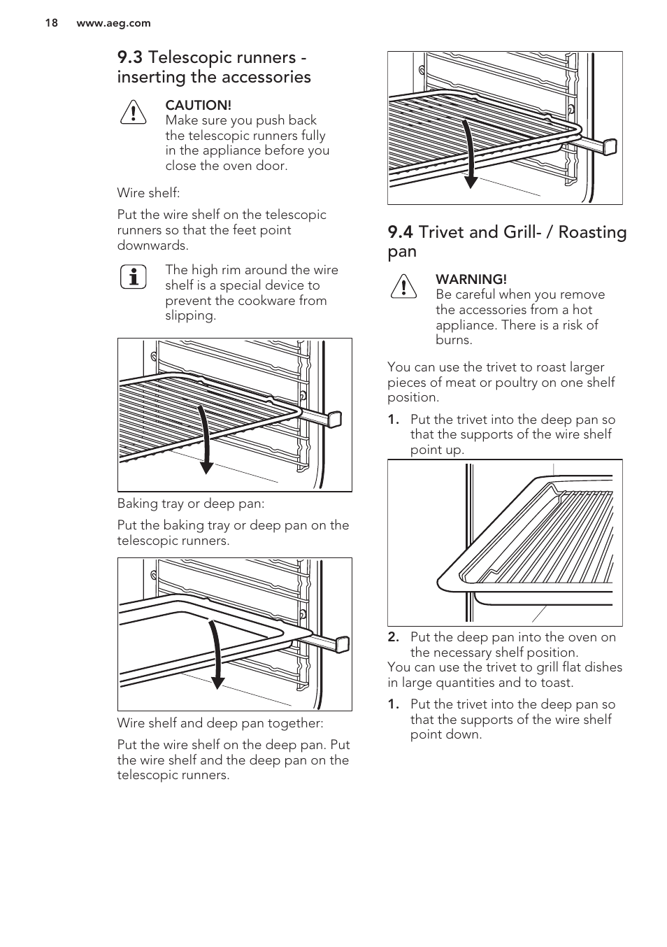 3 telescopic runners - inserting the accessories, 4 trivet and grill- / roasting pan | AEG DC7003000M User Manual | Page 18 / 48