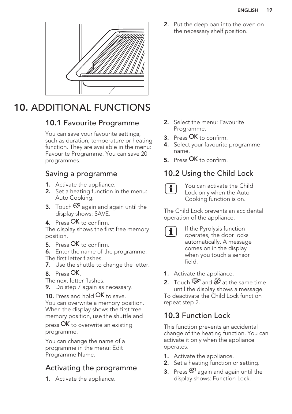 Additional functions, 1 favourite programme, Saving a programme | Activating the programme, 2 using the child lock, 3 function lock | AEG DC7003000M User Manual | Page 19 / 48