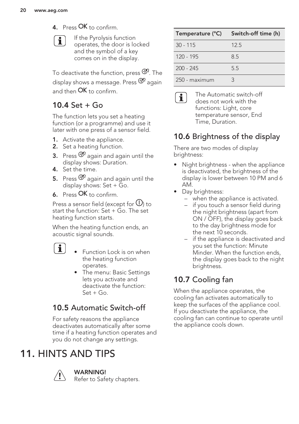 4 set + go, 5 automatic switch-off, 6 brightness of the display | 7 cooling fan, Hints and tips | AEG DC7003000M User Manual | Page 20 / 48