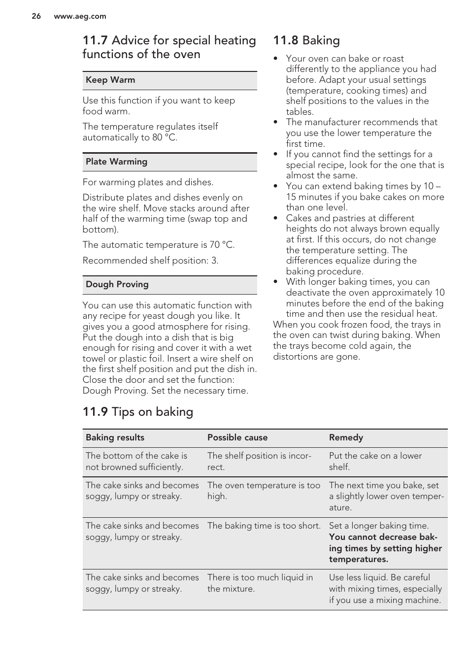 7 advice for special heating functions of the oven, 8 baking, 9 tips on baking | AEG DC7003000M User Manual | Page 26 / 48