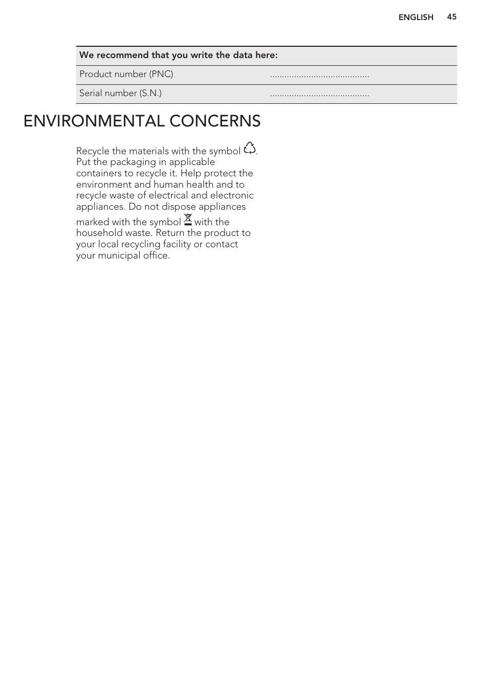 Environmental concerns | AEG DC7003000M User Manual | Page 45 / 48